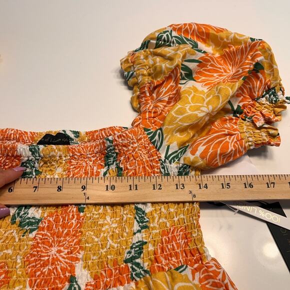 NWT House of Harlow 1960 Tropical Print Linen Puff Sleeve Babydoll Mini Dress - Picture 11 of 13